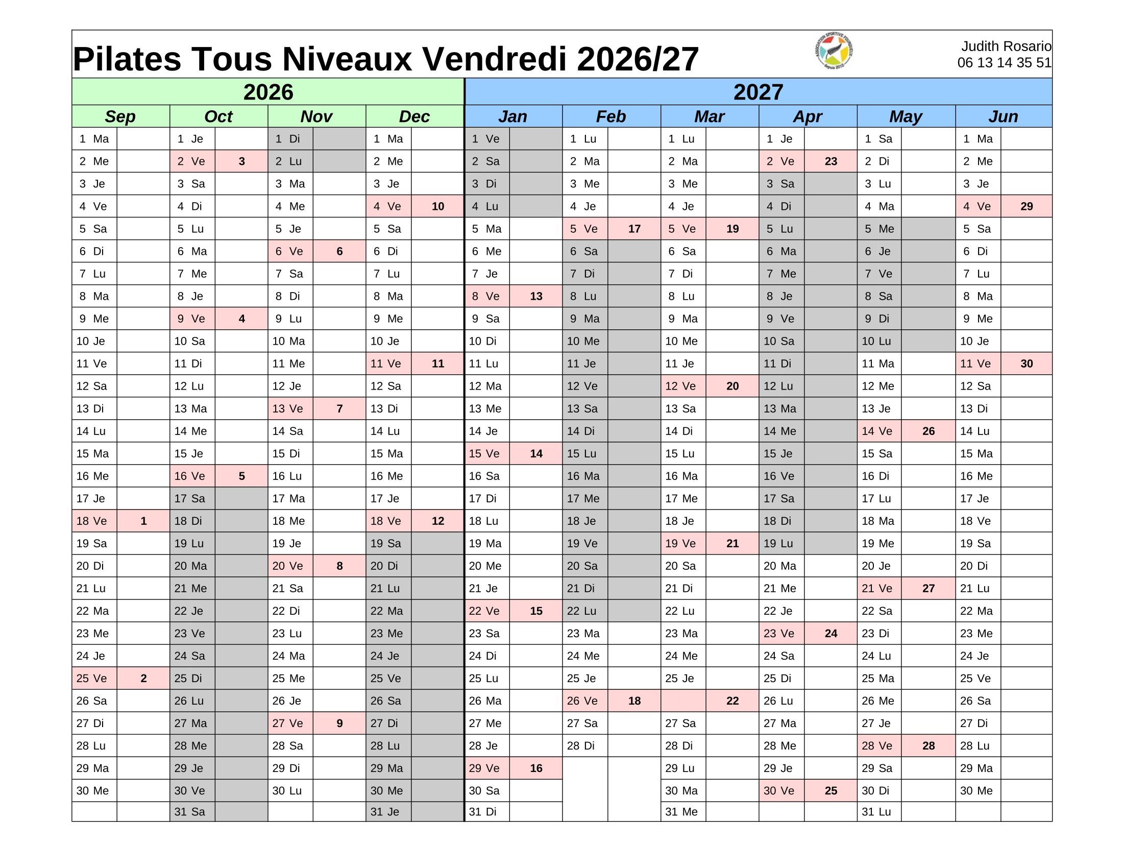 Calendrier Judith Rosario 2026/2027